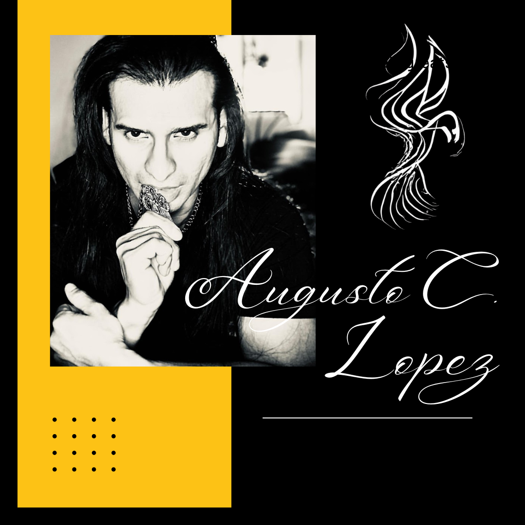 A man poses thoughtfully, with black hair and a graphic design background featuring yellow and black.