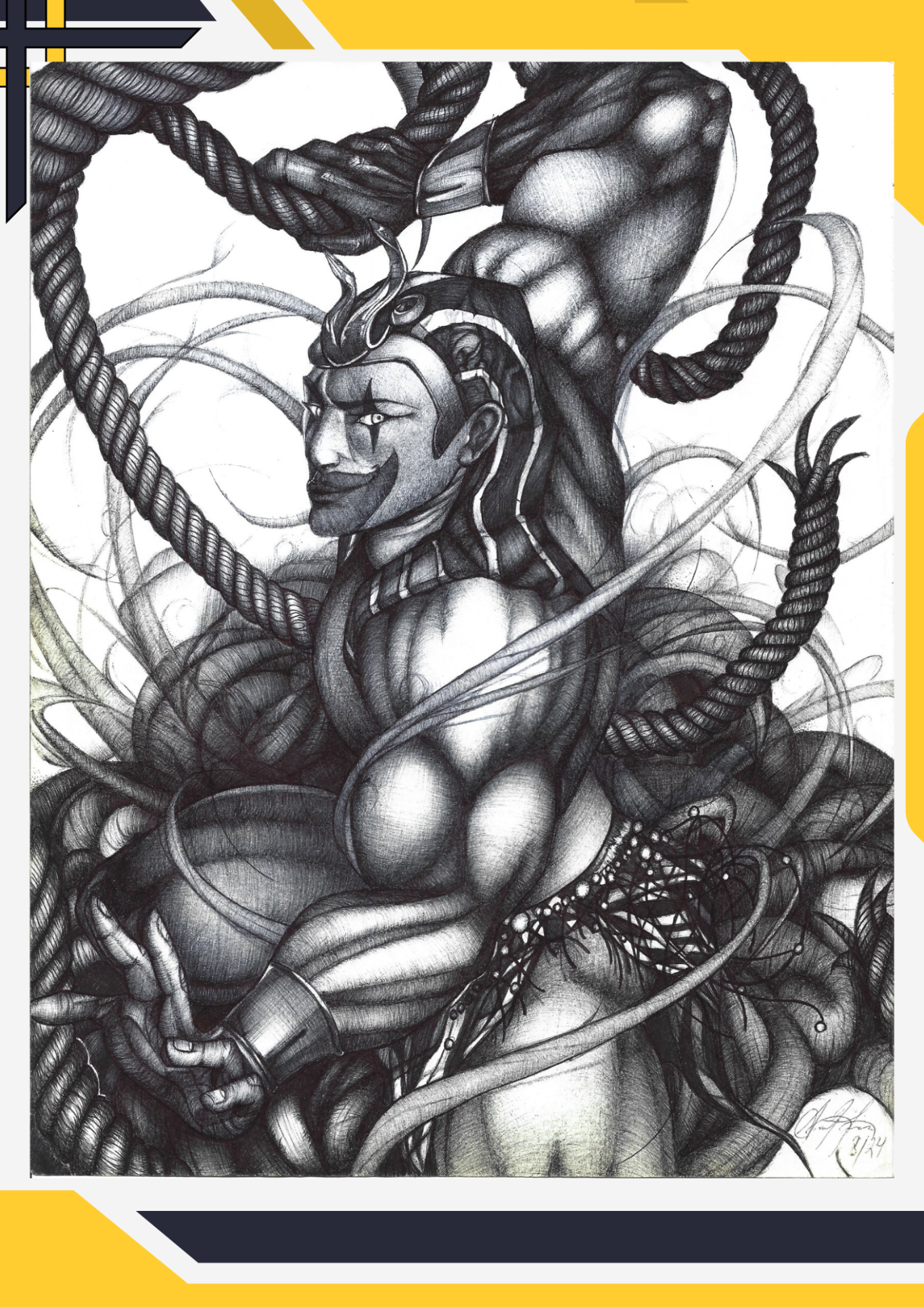 A muscular figure entangled in dark tendrils and abstract forms, showcasing dynamic motion.