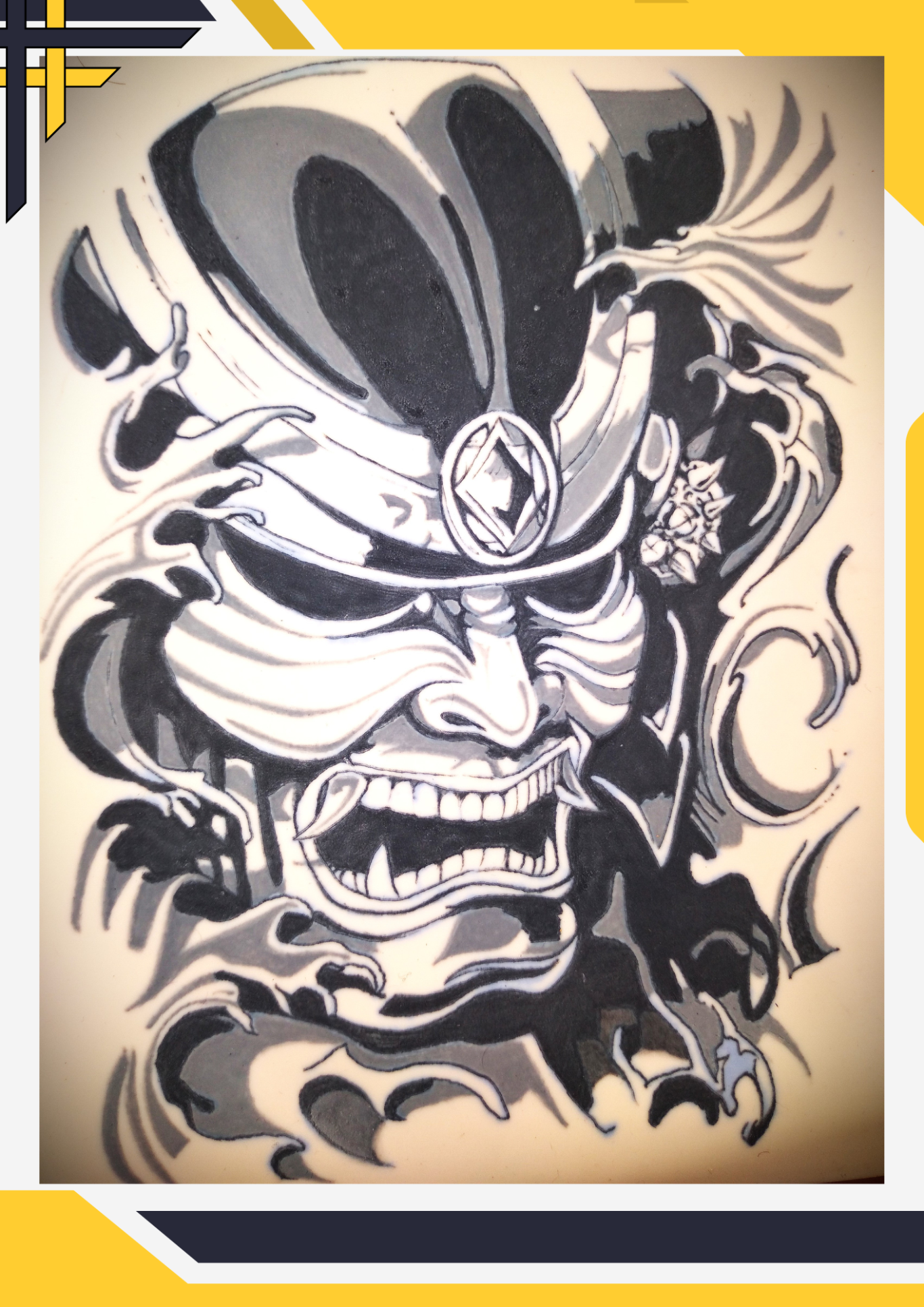 Black and white illustration of a fierce samurai mask with intricate designs.