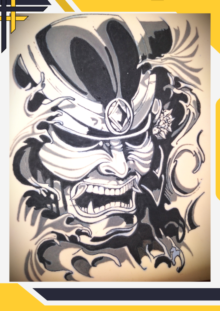 Black and white illustration of a fierce samurai mask with intricate designs.