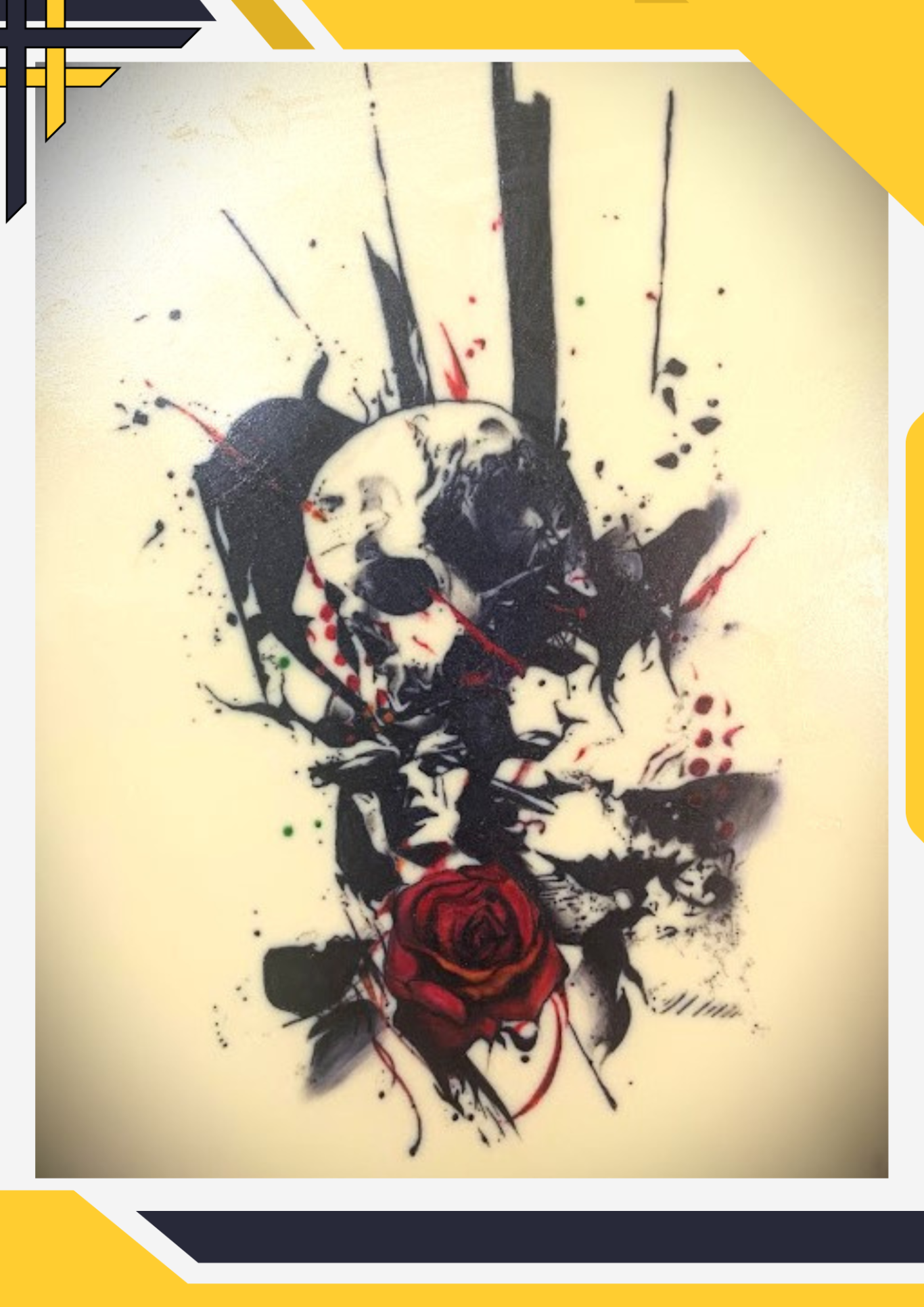 A black and red artistic depiction of a skull with a rose and abstract splashes.