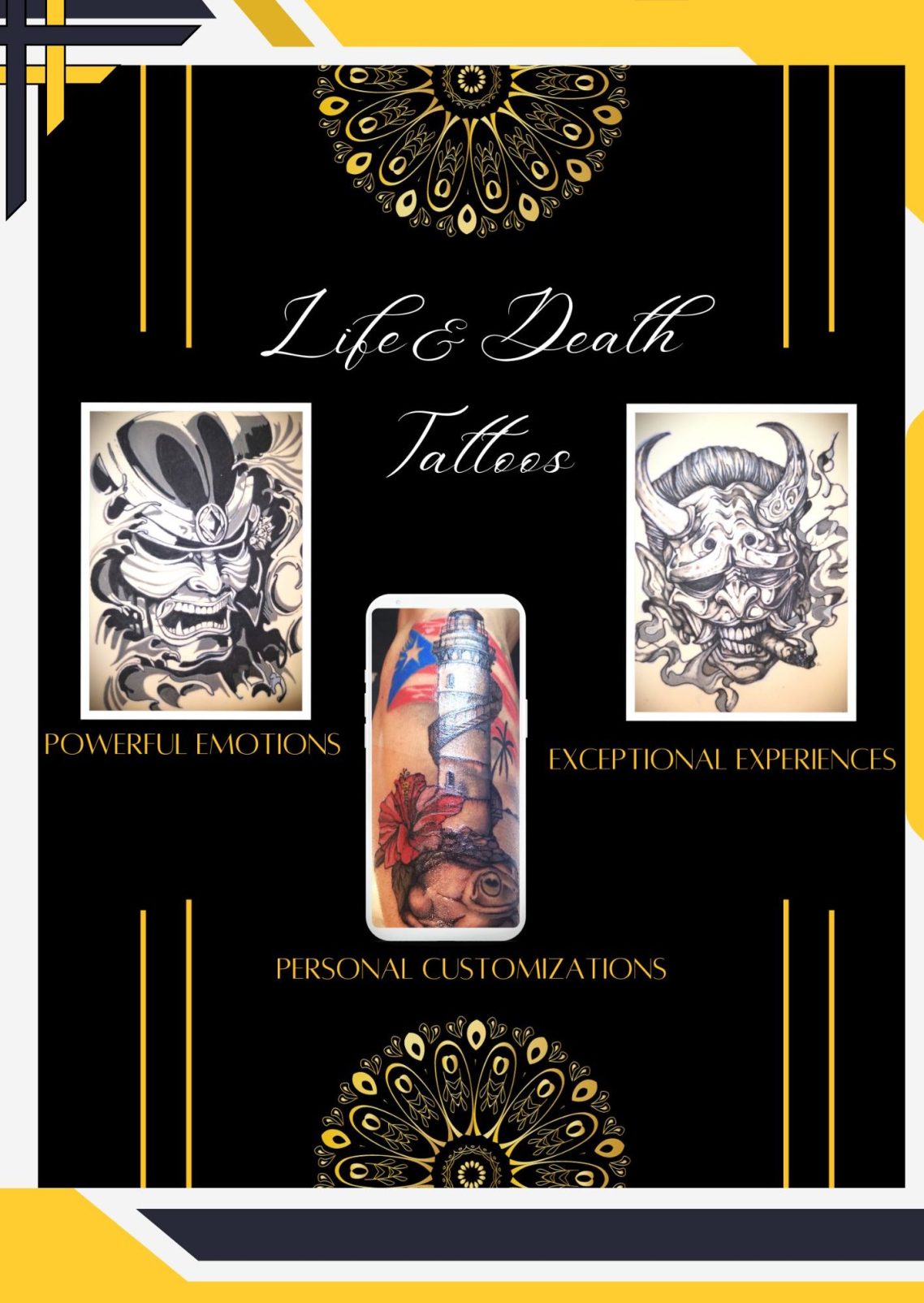 Design featuring "Life & Death" tattoos with stylized skull and demon illustrations.