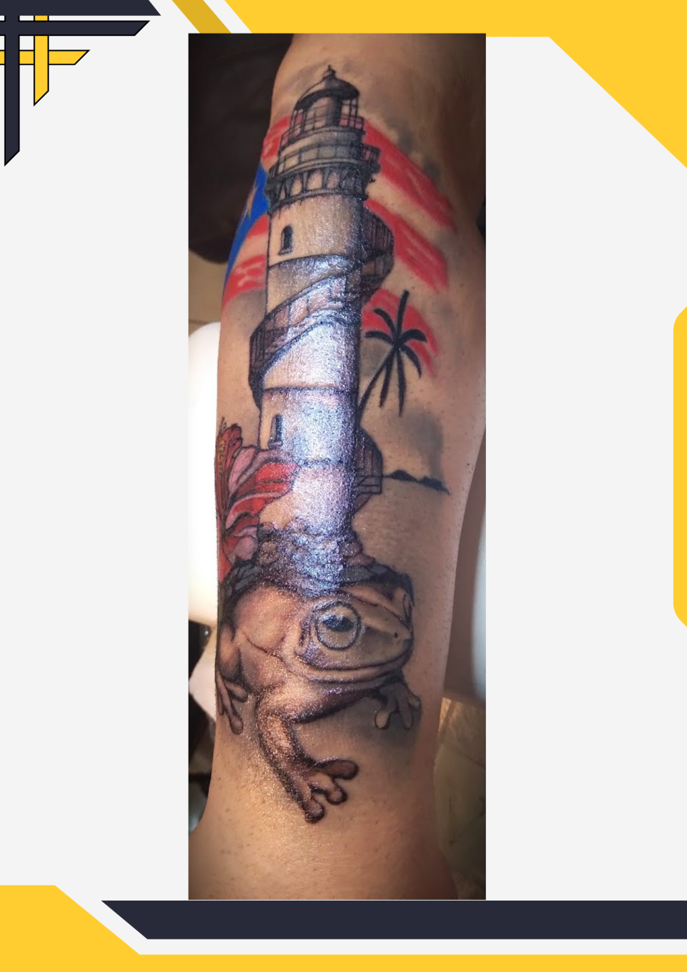 Tattoo of a lighthouse with a frog and palm trees, featuring a vibrant red and blue design.