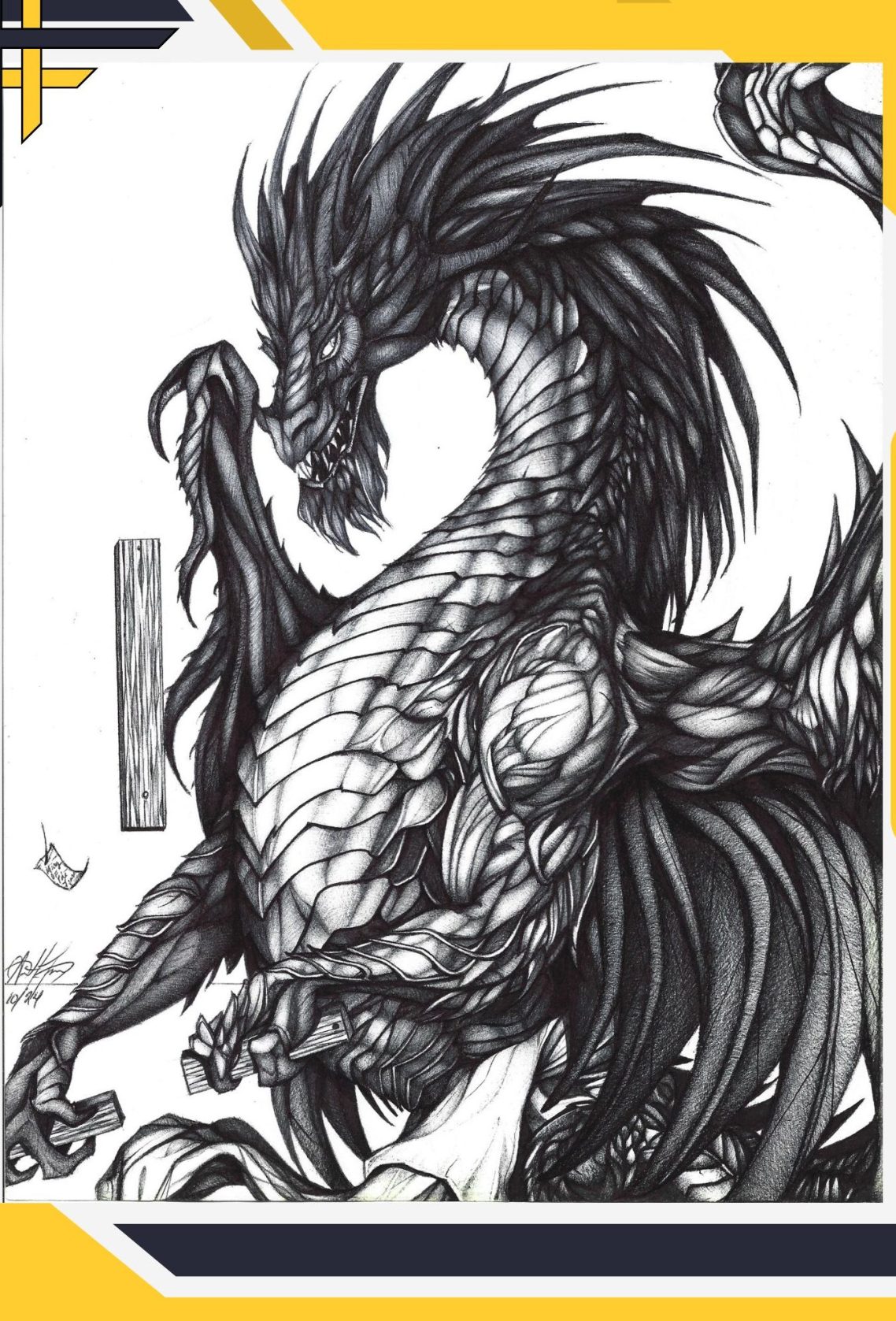 Detailed illustration of a majestic dragon with intricate scales and sharp claws.