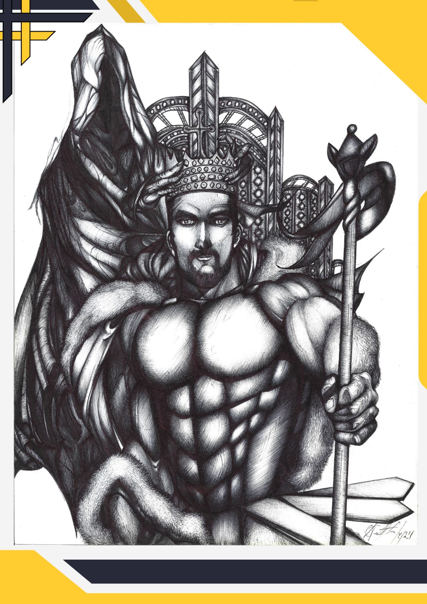 A muscular warrior with wings, holding a staff, embodying strength and power.