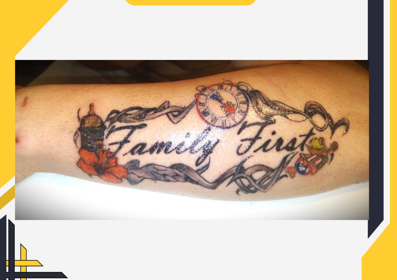 Tattoo on an arm with the phrase "Family First" surrounded by decorative elements.