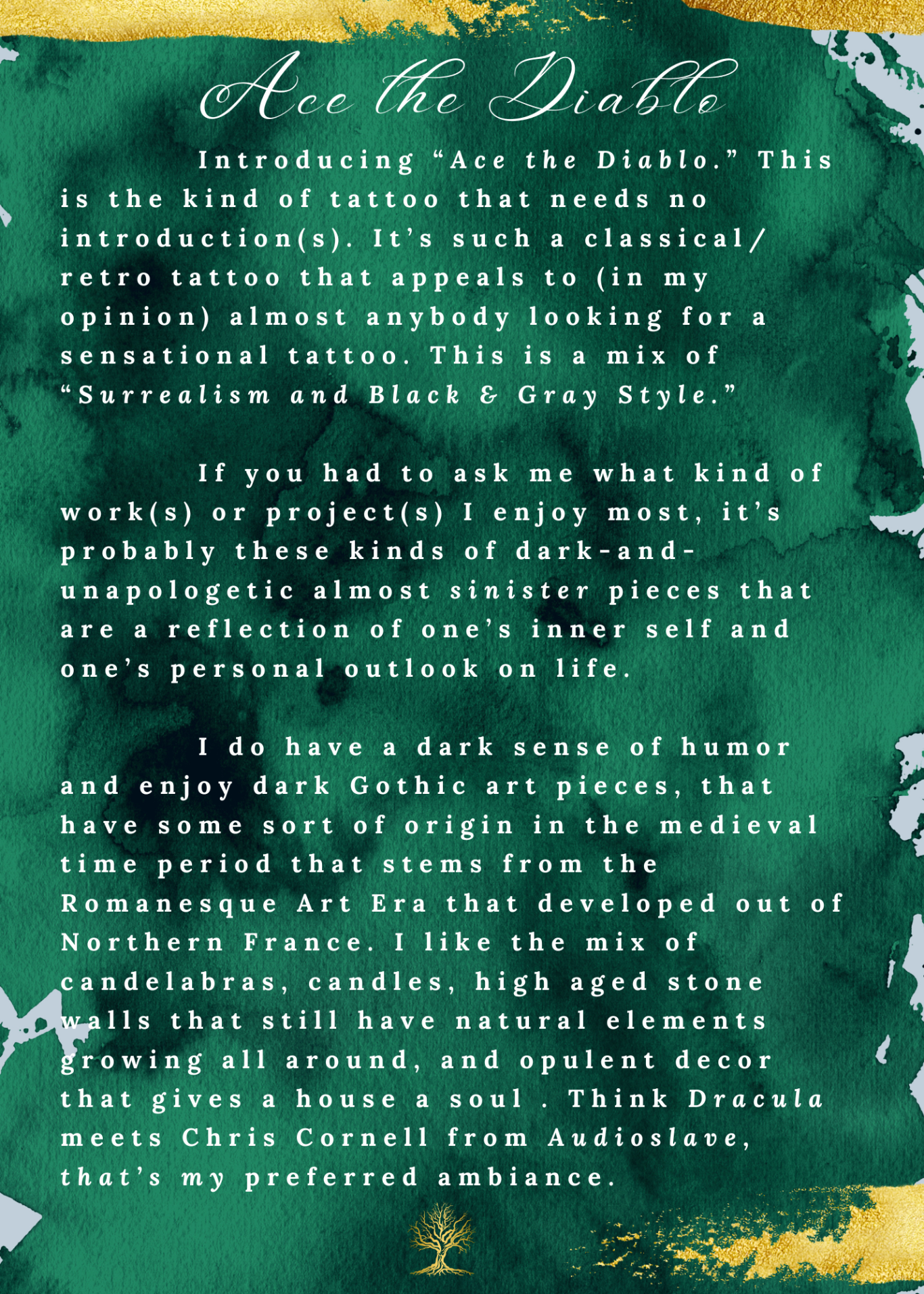 Text describing a table setting with decorative elements and a green background.