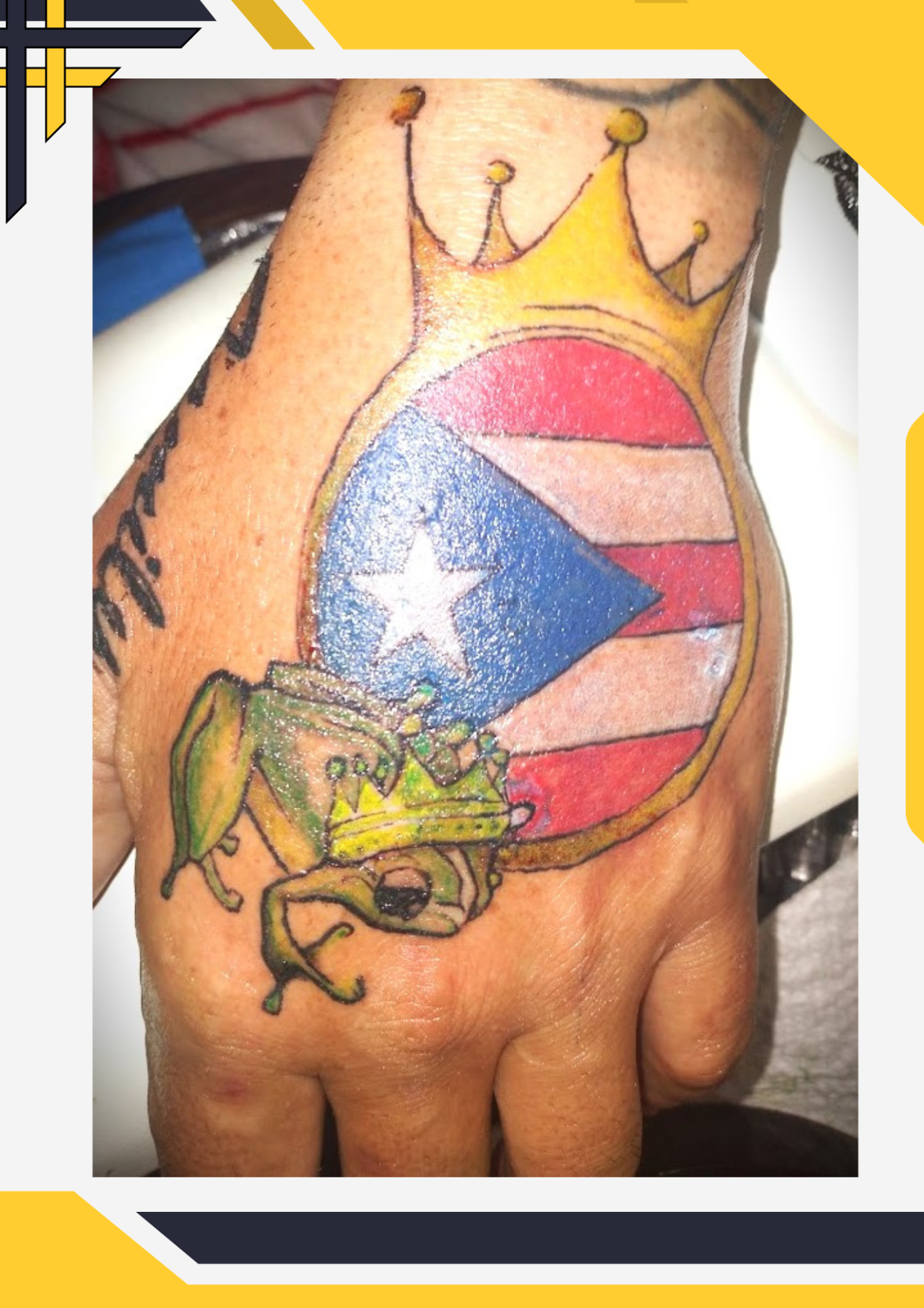 Tattoo of a frog and Puerto Rican flag within a crown on a hand.