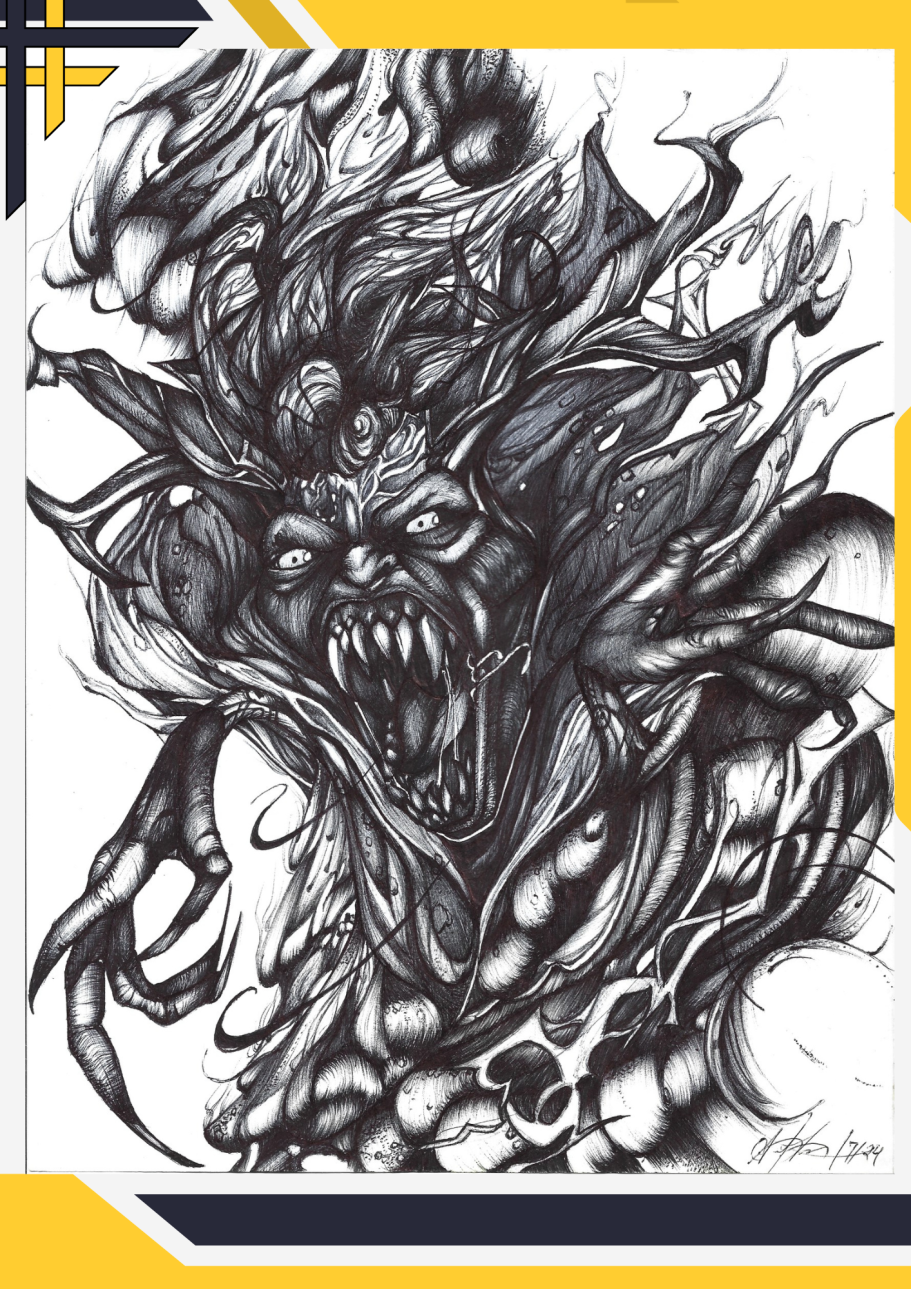A chaotic, monstrous figure surrounded by twisting, dark elements and exaggerated facial features.