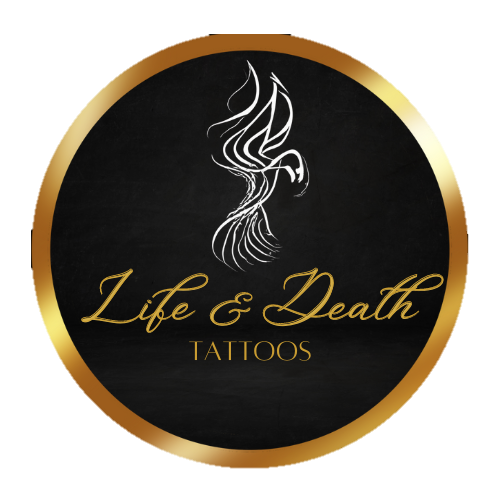 Logo featuring a stylized phoenix above the text "Life & Death Tattoos" in gold and black.